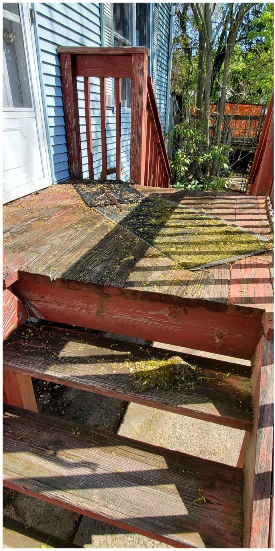 Weathered wooden deck covered in moss and grime, before cleaning