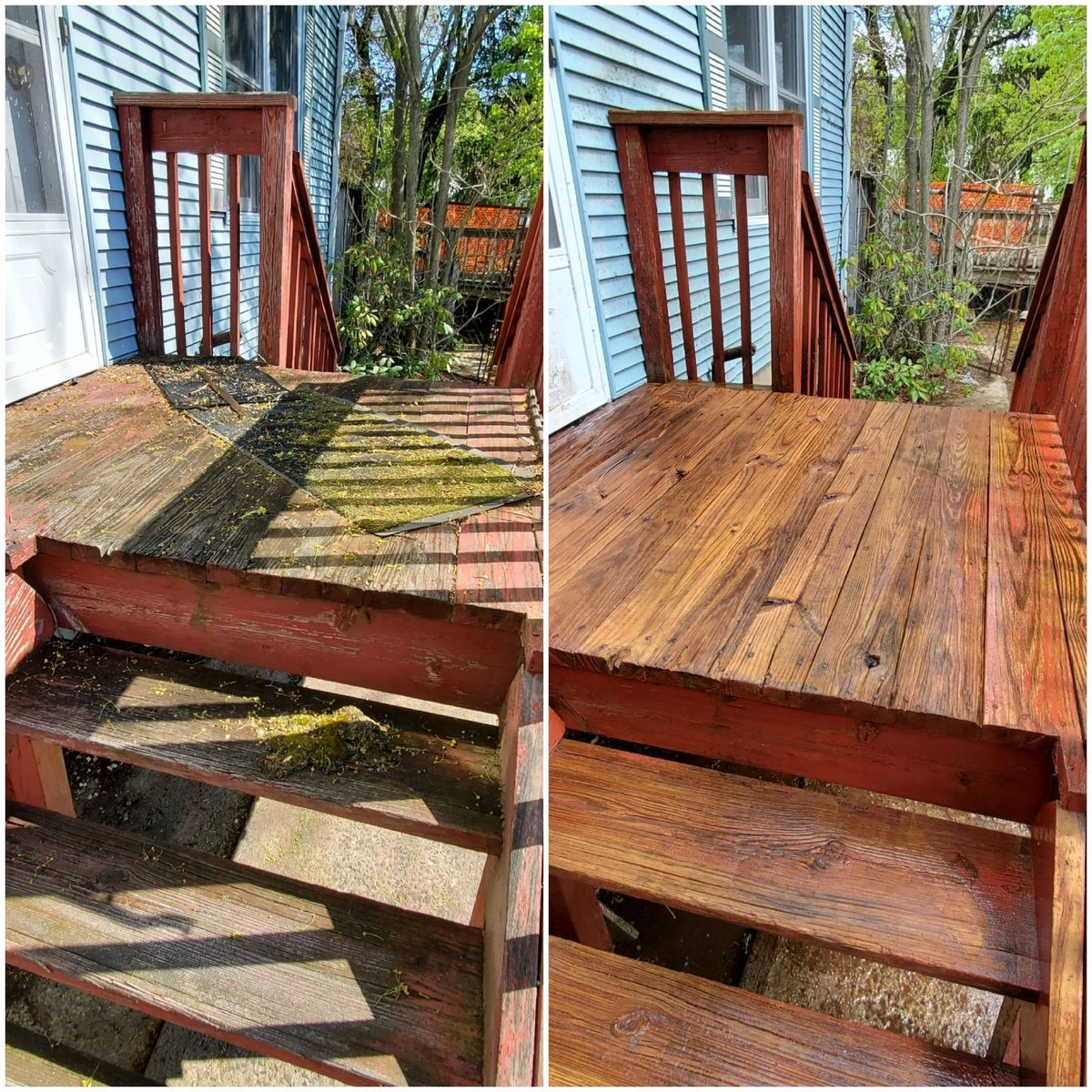 Weathered wooden deck before and after restoration cleaning
