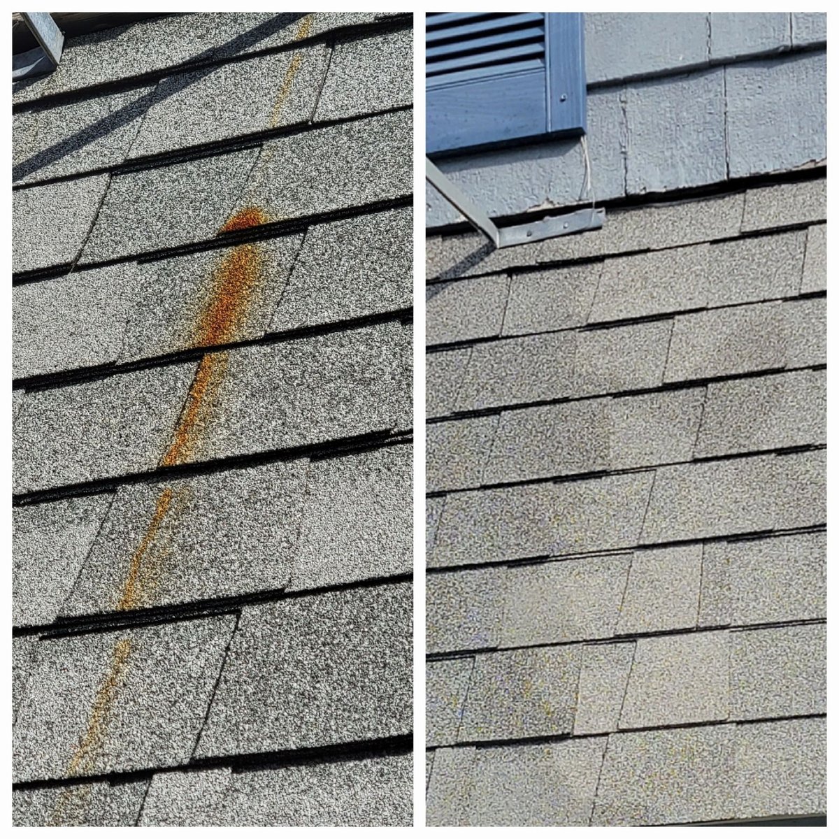 Roof rust stain before and after removal